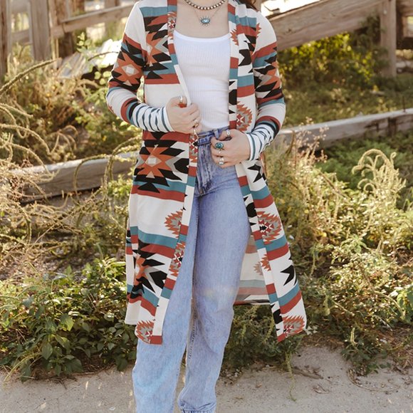 Aztec Southwest Western Multicolor Geometric Open Front Long Cardigan w/pockets - Picture 2 of 11